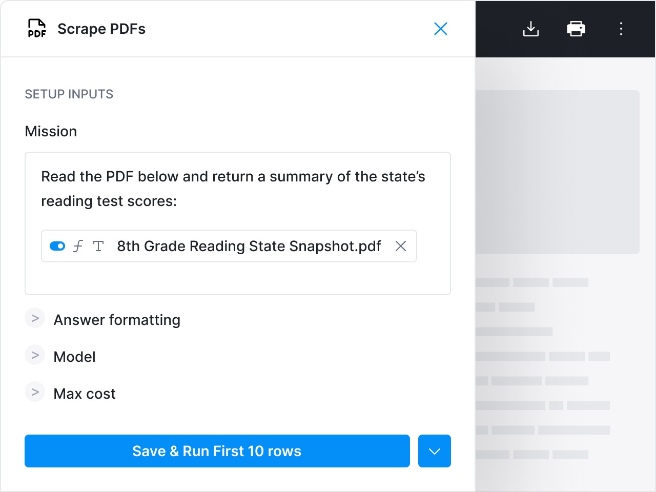 visual graphic of a Clay modal that allows users to scrape PDF online